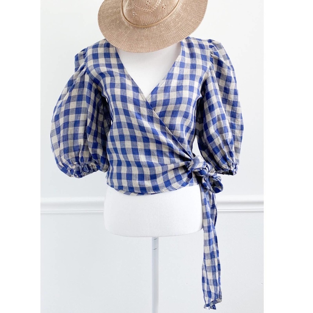 Olivaceous Boutique Linen Gingham Wrap Puff Sleeve Top